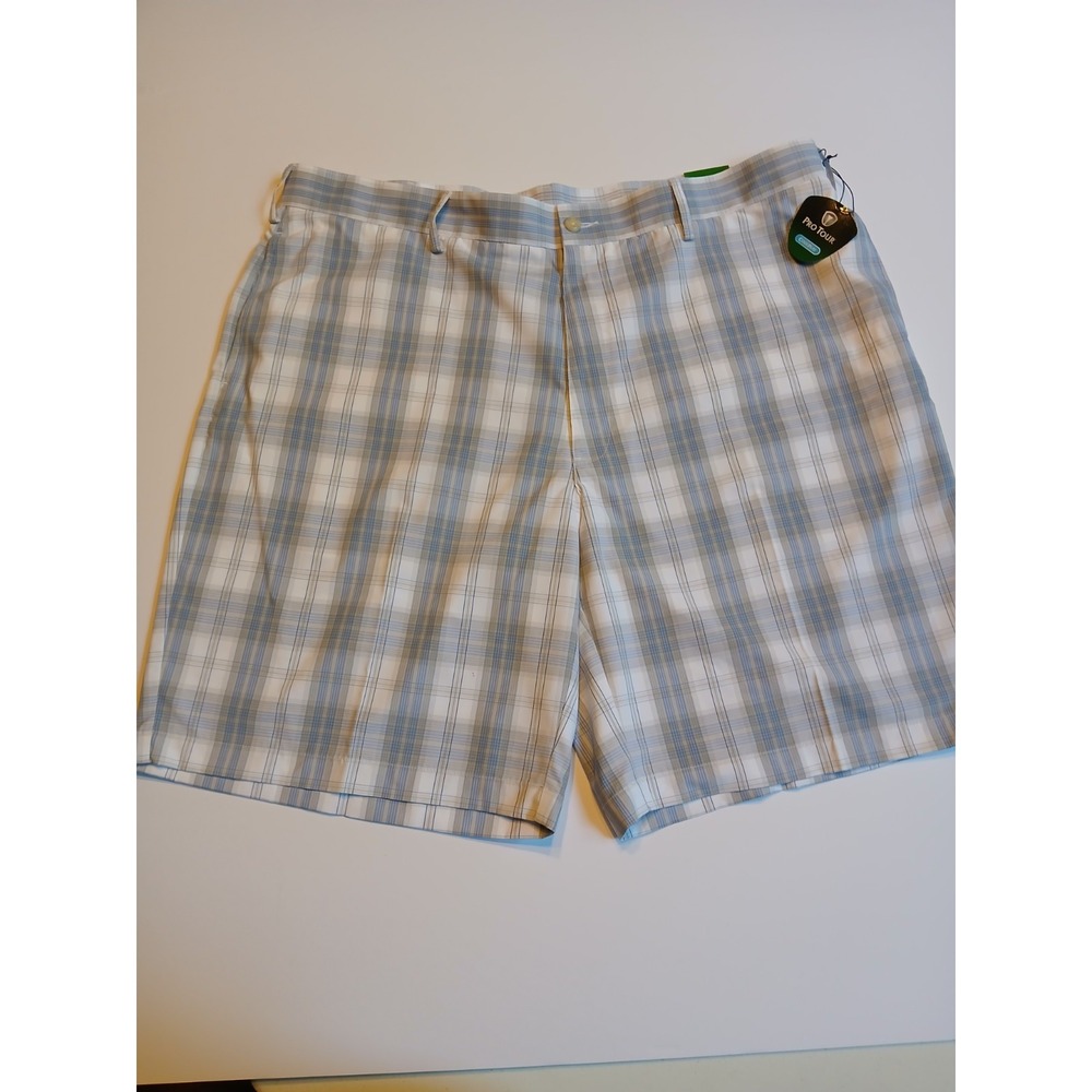 Pro Tour Cool Play Mens Golf Shorts Size 42 Blue Grey Plaid Flat Front NWT $60